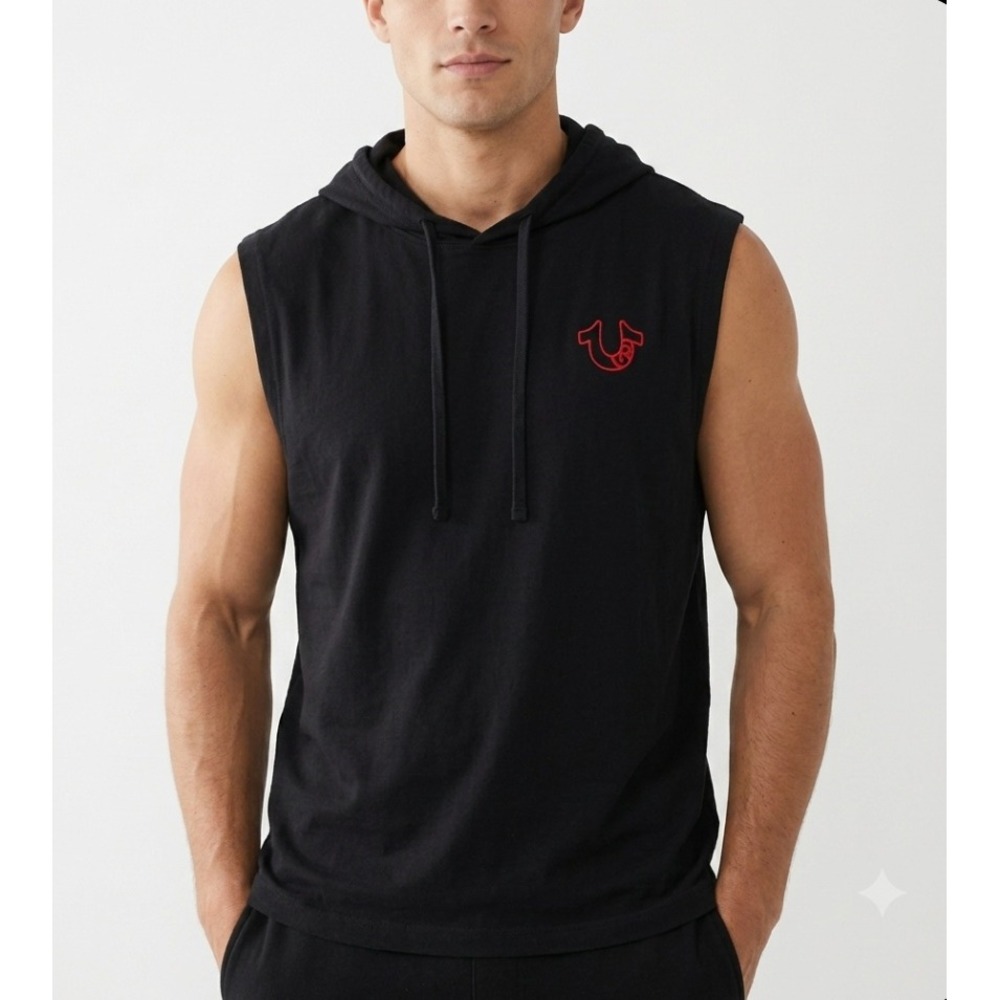 True Religion Sleeveless Hoodie Mens Large Black Graphic Buddha Horseshoe Logo